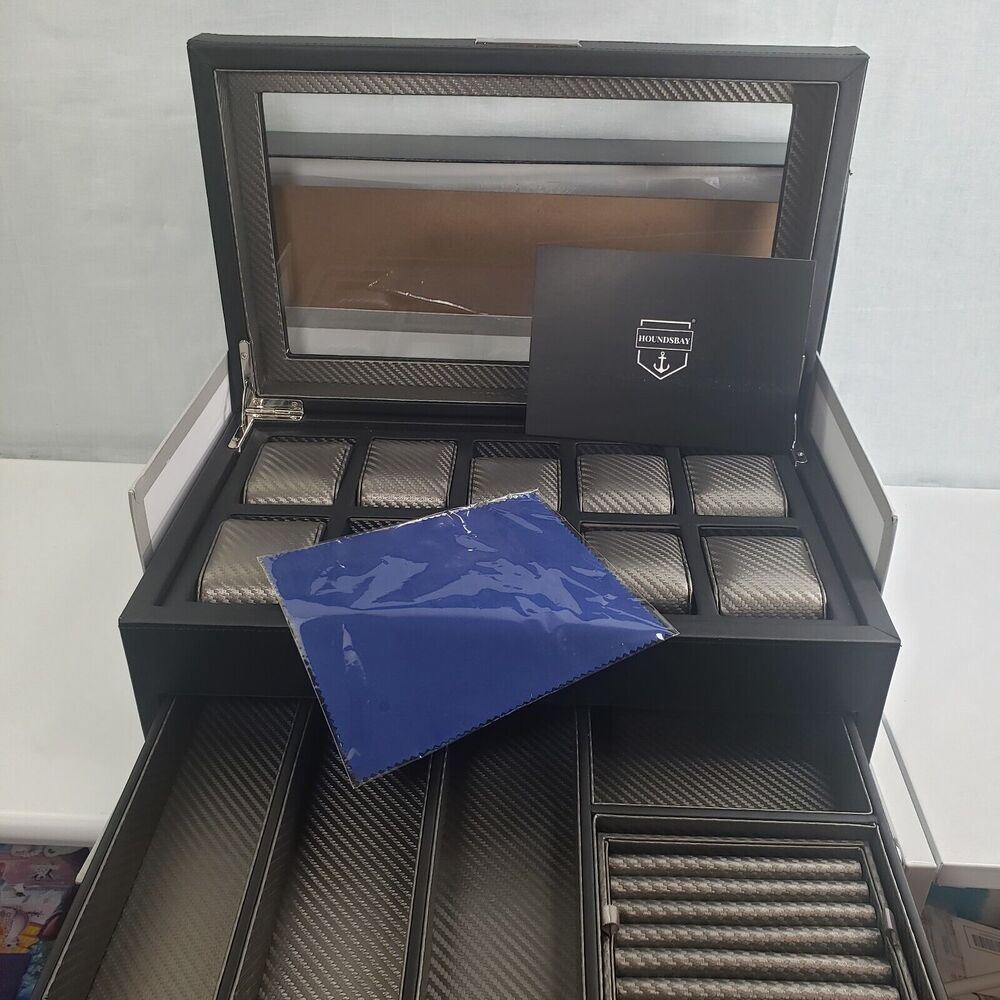 Houndsbay Yachtsman Vegan Leather Watch Jewelry Case 10 Slots With Pull Out Draw - Picture 2 of 16